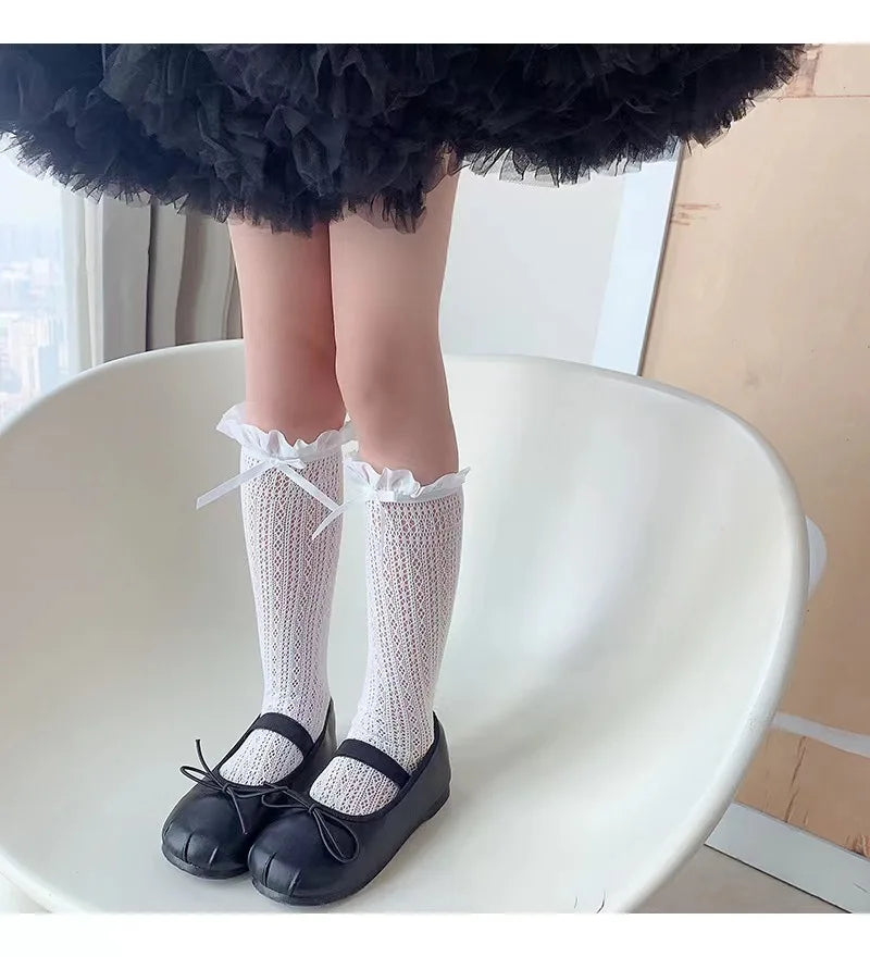 Girls Long Tube Lace Stockings Sweet Bow Jacquard Pattern Mesh Sock Baby Girl Ballet Fishing Net Frilly Socks Lolita Leggings