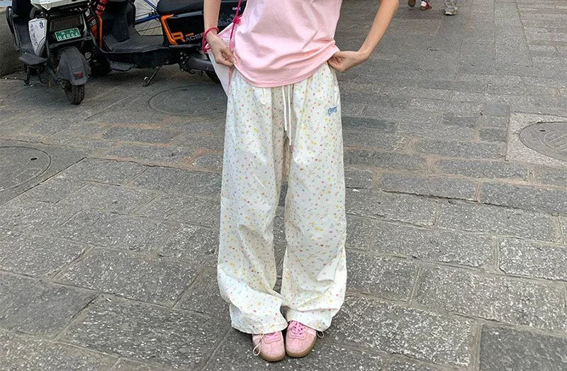 Korean Vintage Stars Print Letter Cargo Pants Women Fashion High Waist Wide Leg Trousers Casual Loose Preppy Style Female Pants