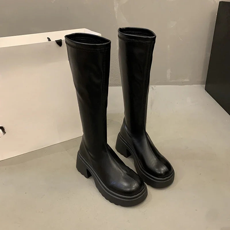 Autumn and Winter New Round Head Thick Sole Retro Heightening Mid-calf Boots with Velvet Warm and Comfortable Fashion Show Boots