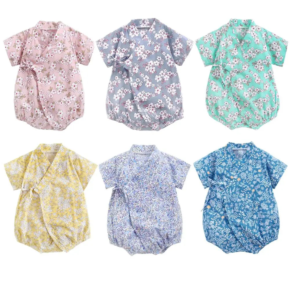0-18M Summer Baby Girl Boys Clothing Rompers Jumpsuit Short-sleeved Floral Print Cute Soft Newborn Infant Baby Kimono Playwear