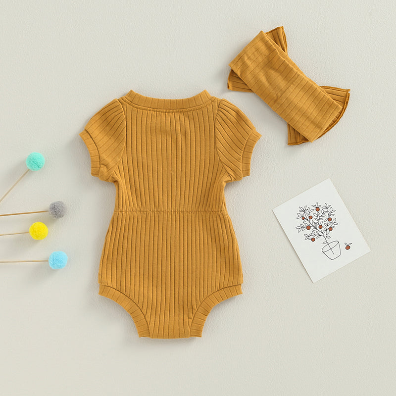 Newborn Baby Girl 2 Pcs Jumpsuits Clothing Suit Infant Summer Short Sleeve Knitted Romper with Bow Headband Set Toddler Clothes