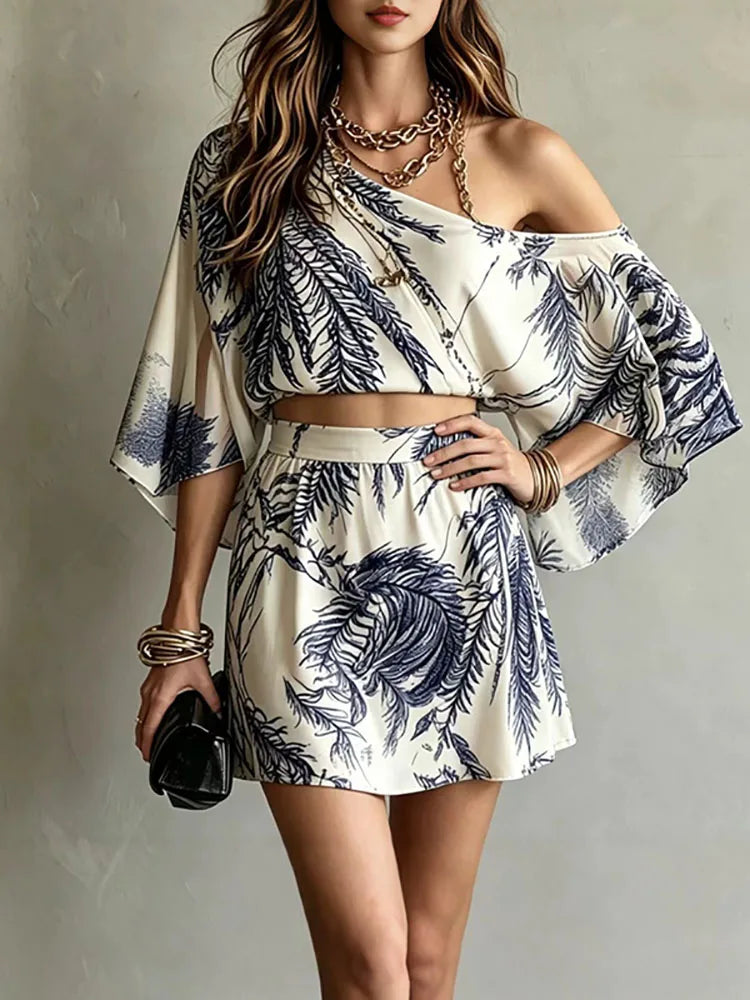Fashion Leaf Print Bohemian Vacation Outfit Sexy Skew Collar Hollow Top+A-Line Skirts Women's Suit Spring Flare Sleeve Loose Set