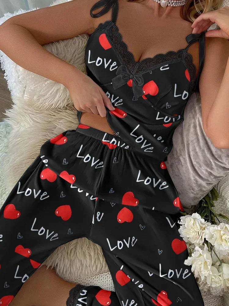 Summer Two-pieces Pajama Set for Women's Sleepwear V-neck Soft Fabric Leopard Print Tops and Long Pants Set Loungewear