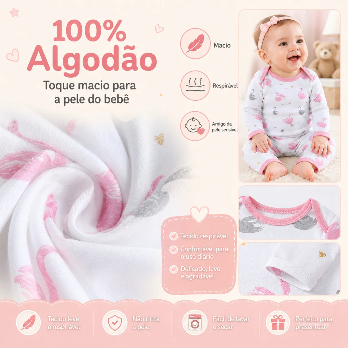 Kit 3 Baby Rompers Long Sleeve Footless Printed Infant Boy Girl Clothes