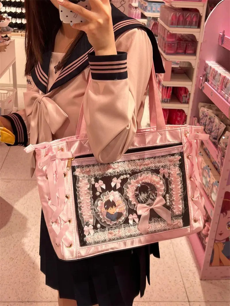 Japanese Sweet Women Ribbon Ita Bag Fashion Large Capacity Tote Bag Aesthetic Shoulder Bag Cute Lolita Girl Transparent Handbags