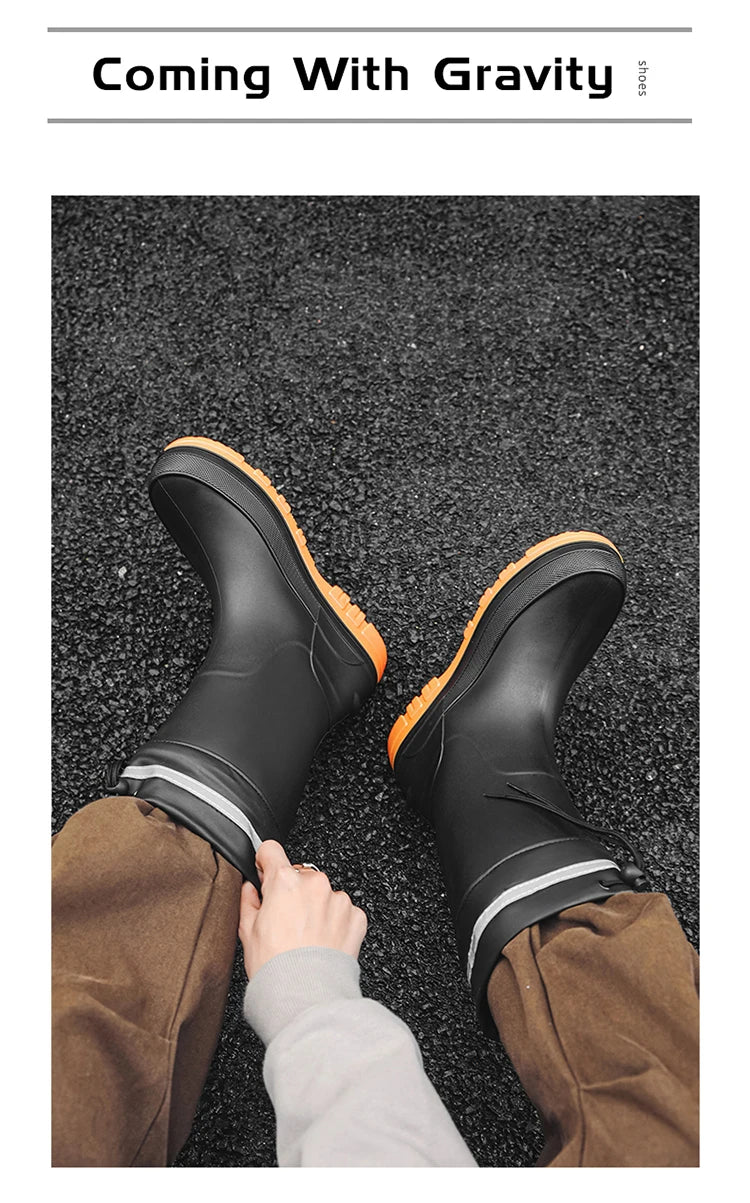 Men's Winter Fleece Lined Mid-Calf Rain Boots Anti-Slip Waterproof Work Rubber Boots Car Wash Fishing Outdoor Wear Water Shoes