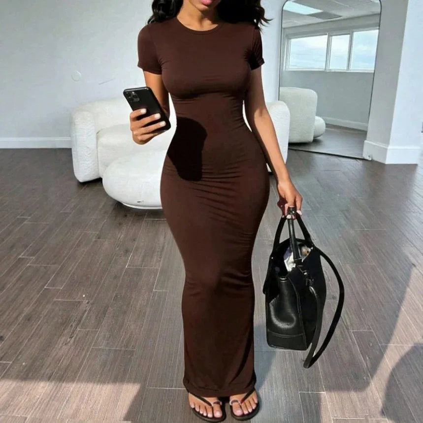 Sexy Skinny Women's Bodycon Party Dress Fashion O-neck Short Sleeve Solid Color Wraped Hip Package Long Dress Female Sexy Dress