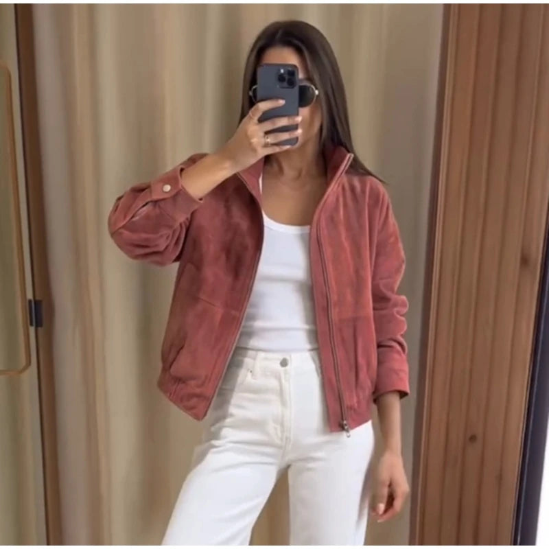 Women Dusty Faux Suede Bomber Jacket Stand Collar Zip Up Loose Drop Shoulder Elastic Hem Casual Fall Outerwear 2026 Fashion Coat