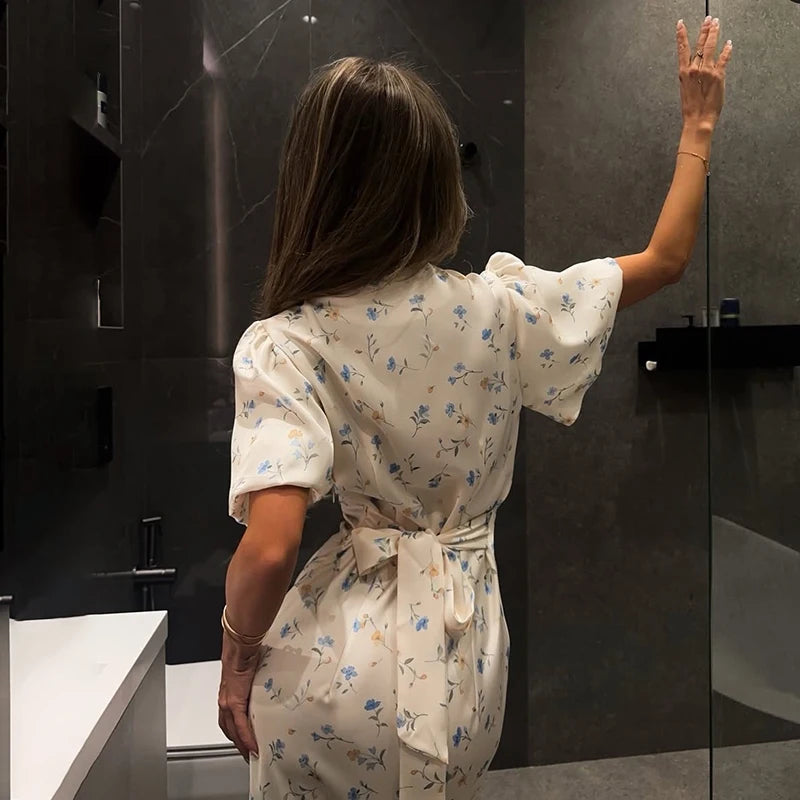 Printed Floral Print Elegant Long Dress For Women Short Sleeve V Neck Fashion Slim Dress Satin Commuting Banquet Female Dress