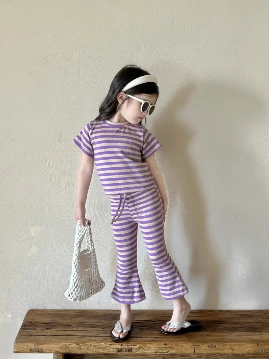 Girls' Short-Sleeved T-Shirt 2025 New Summer Clothing for Small and Medium-Sized Children, Baby Children's Clothing Tops, Striped Suit, Casual Two-Piece Set