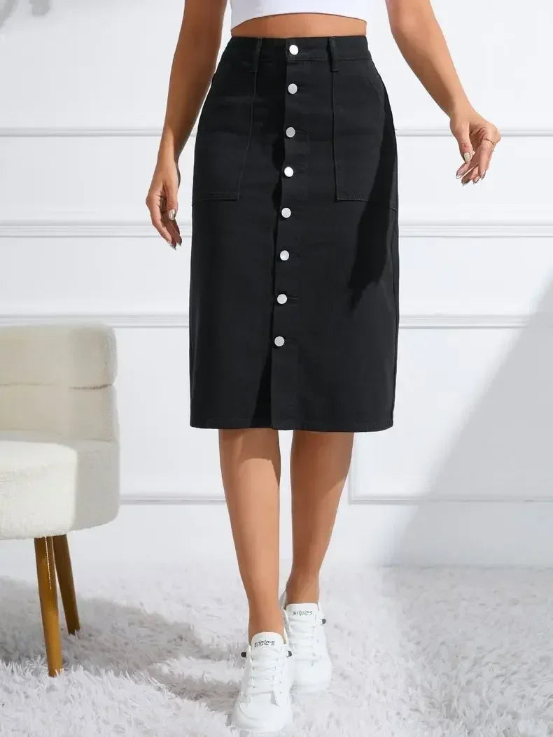 Women Waist Stretchy Denim Pencil Skirt, Midi Knee Length Slit Bodycon Flattering Casual Daily Streetwear Chic Ladies Midi Skirt