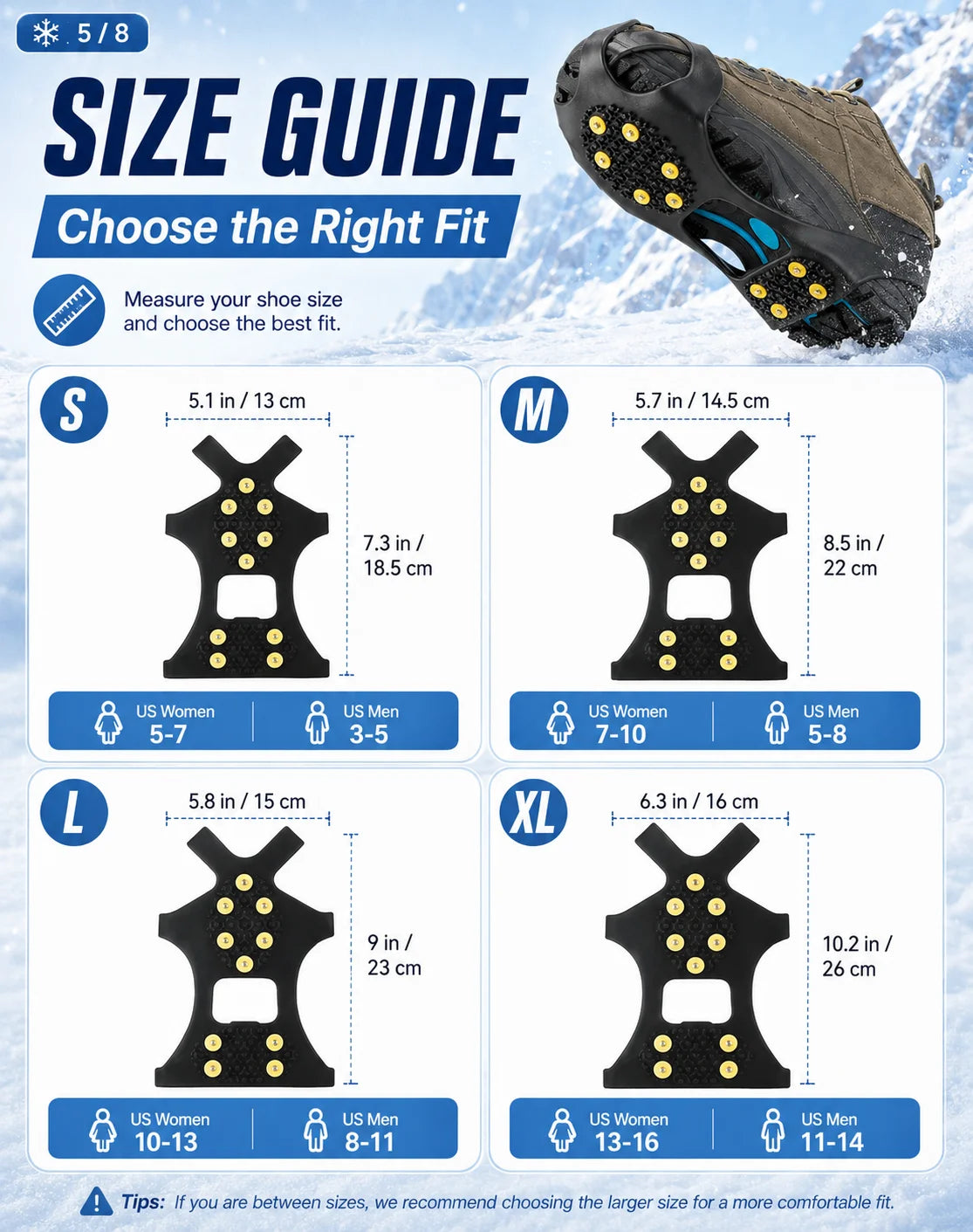 Anti Slip Ice Cleats Shoe Covers 10 Stud Snow Grips Winter Traction Crampons for Boots Hiking Walking Outdoor Safety Gear Unisex