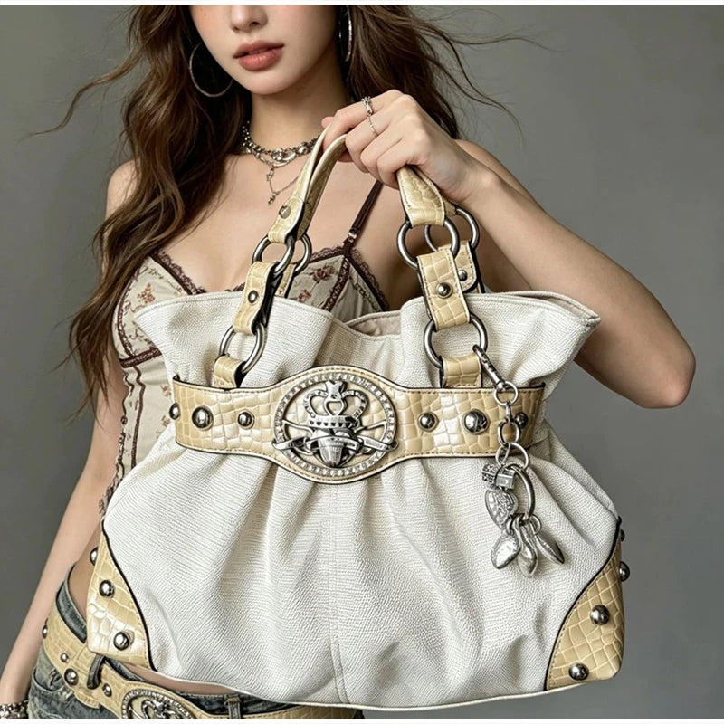 Luxury Women Rivet Handbag,Y2k Girls Metal Studded Underarm Shoulder Bag,Niche Belt Buckle Commuter Chic East-West Tote Bag