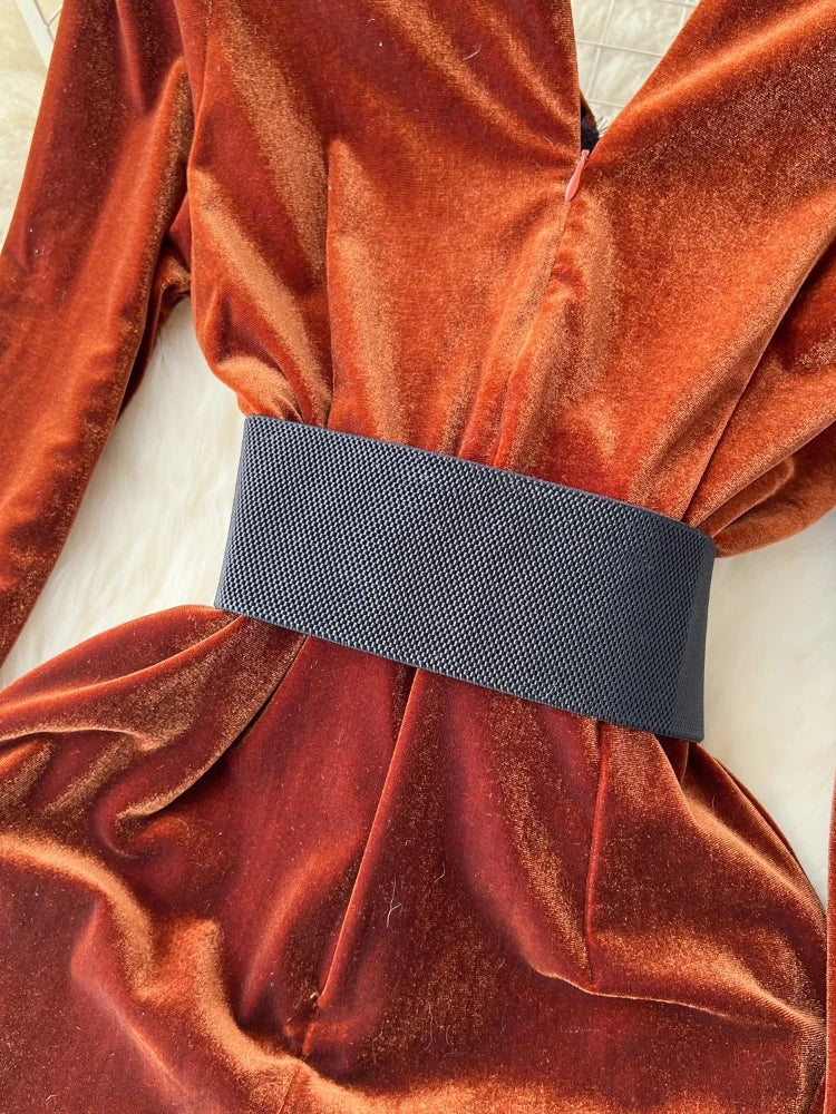Autumn Winter Luxury Velvet Dress Women Clothing Notched Lion Metal Buttons Split Letter Belt Thick Velour Long Party Vestidos
