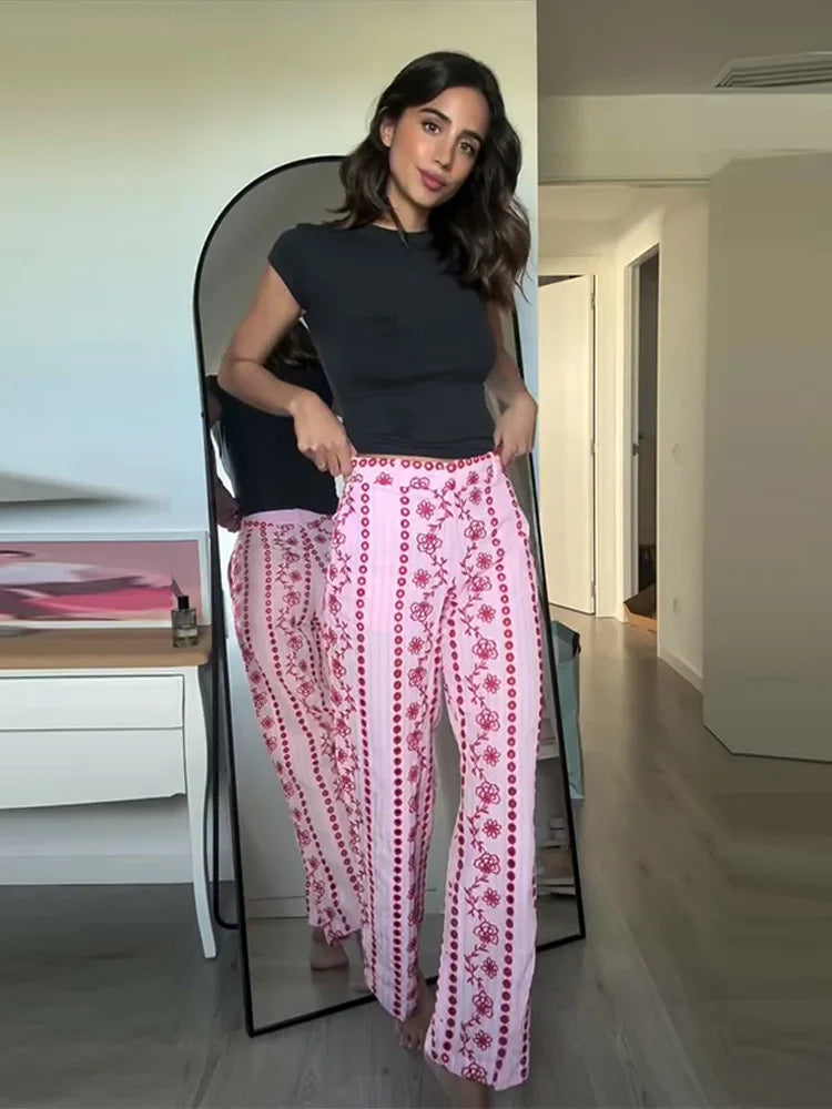 Hollow out Embroidery Long Pants Woman High Waist Flower Loose Straight Versatile Trousers Casual Street Lady New Fashion Pants