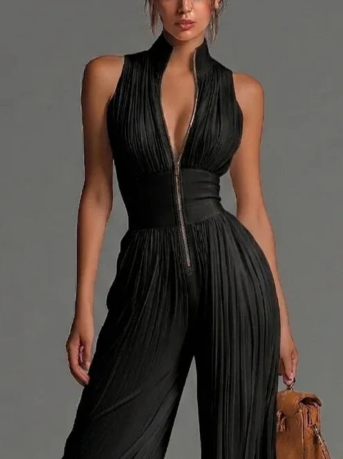 2026 White Pleated Neck Jumpsuit Women's Long Wide-leg Fashion Sexy Pleated Jumpsuits Sexy Slim Fits Sleeveless Rompers Y2K