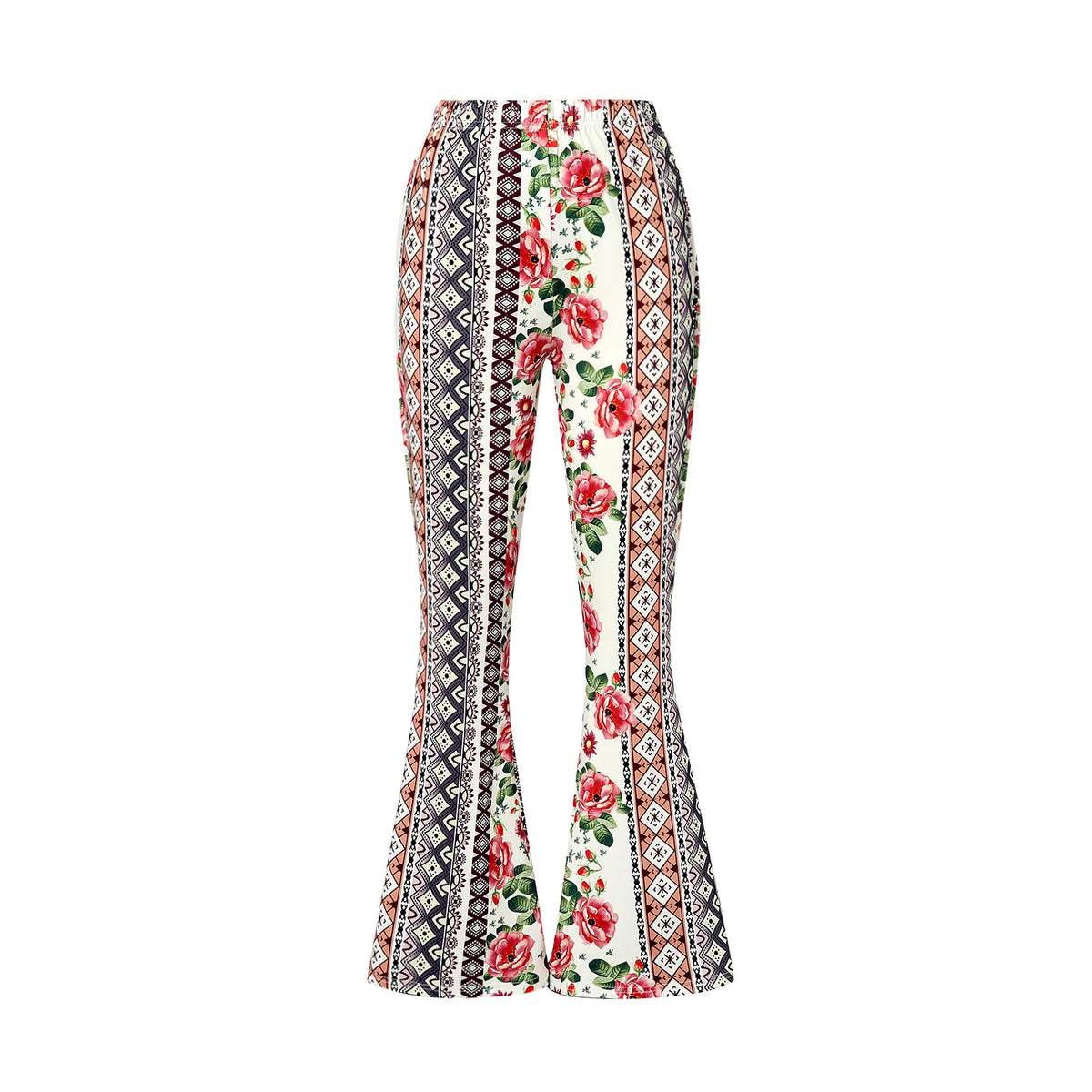 Women Spring Summer Floral Print Elastic Waist Flare Pants Casual High Waist Slimming Long Pants Trousers Leggings Streetwear