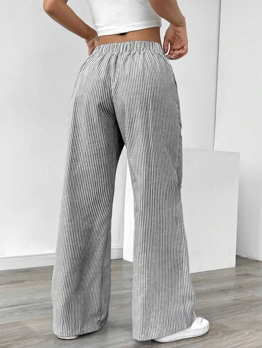 Summer Striped Wide Leg Pants Women High Waisted Drawstring Loose Fit Slimming Casual Straight Leg Harem Pants Female Trousers