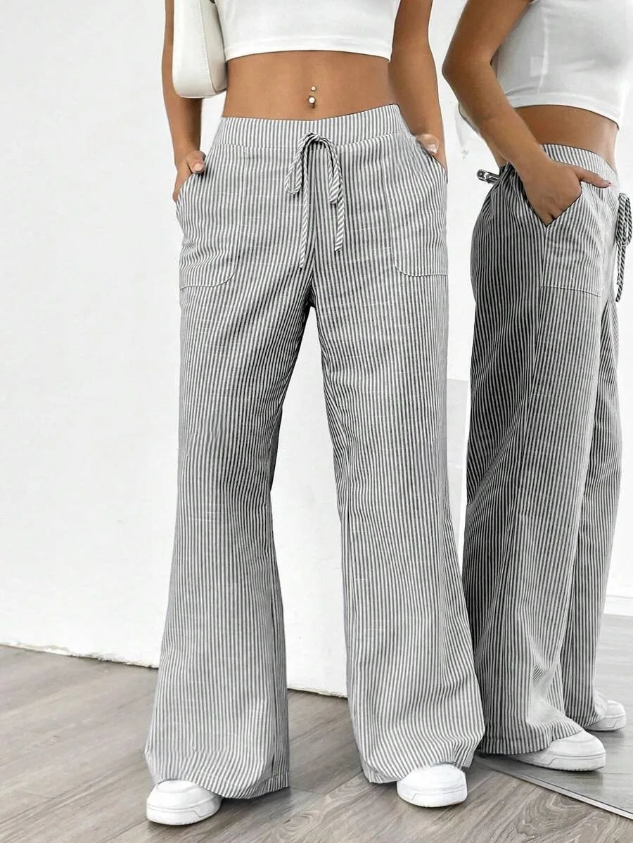Summer Striped Wide Leg Pants Women High Waisted Drawstring Loose Fit Slimming Casual Straight Leg Harem Pants Female Trousers