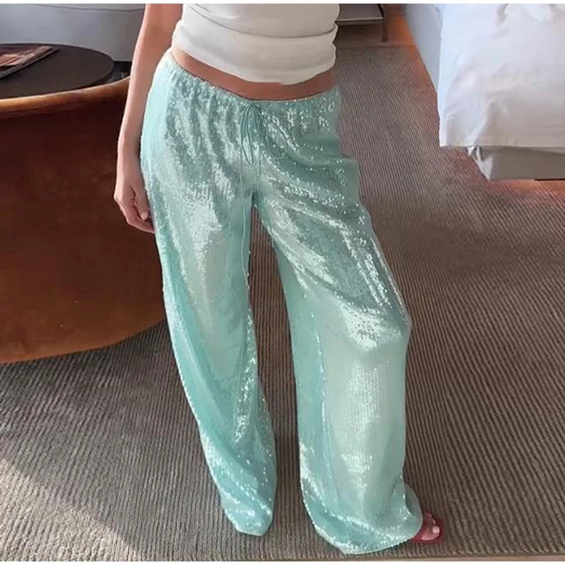 Casual Sequin Pants Women Loose Elastic Waist Wide Legs Trousers Female 2026 Autumn Winter Fashion Chic Solid Streetwears Lady