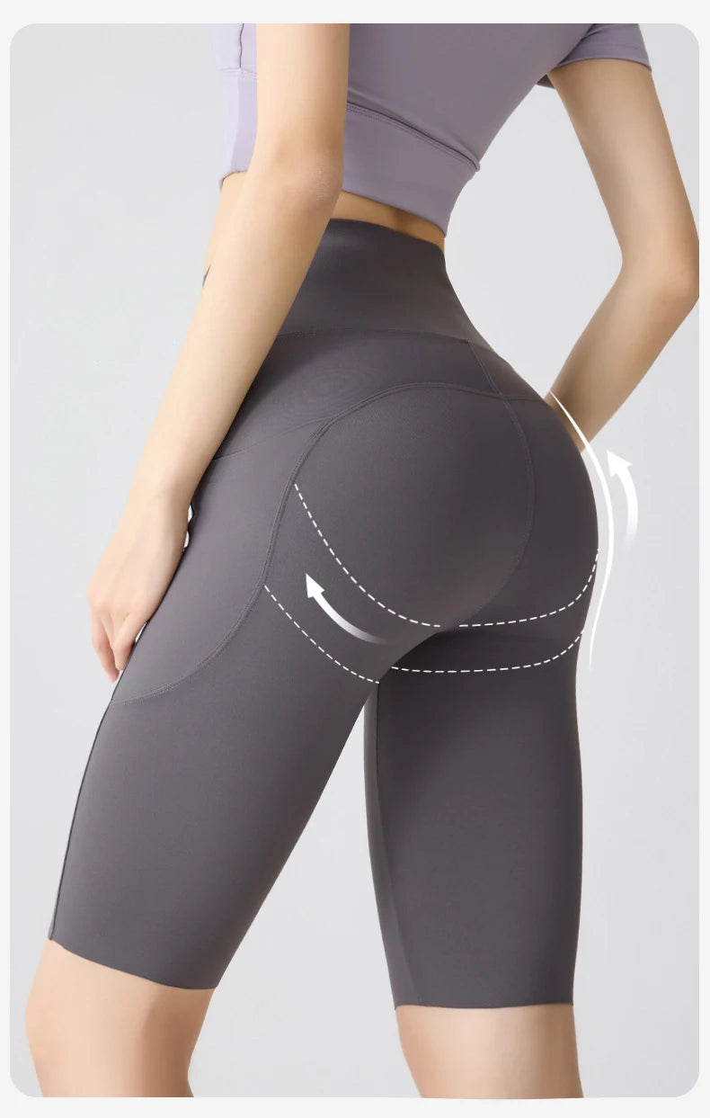 BIVIGAOS Summer Pocket Yoga Sharkskin Bicycle Shorts Women Thin High Waist Push Up Naked Feeling Sports Fitness Cycling Shorts