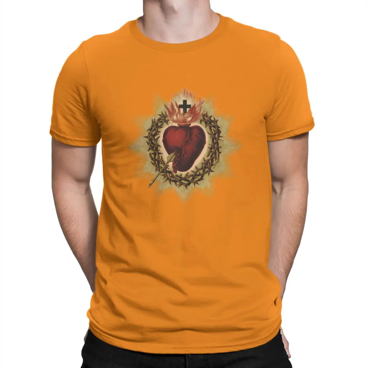 Sacred Heart Catholic T Shirt Men Cotton Vintage T-Shirt Crewneck Jesus God Cross Tee Shirt Short Sleeve Clothing Gift Idea