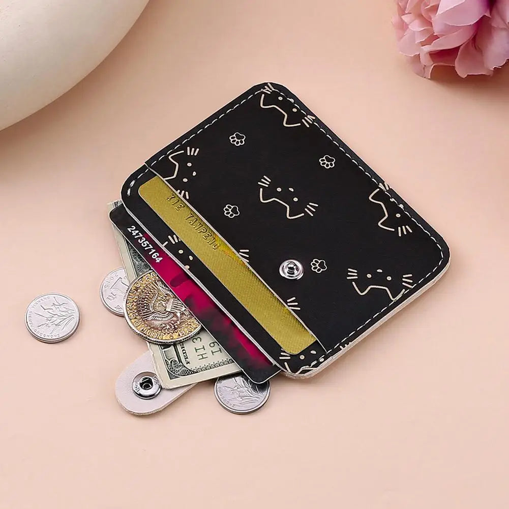 Cute Cat Print Card Holder Wallet for Women Girls Fashion PU Leather Money Bags Mini Slim Coin Purse Portable Daily Gift