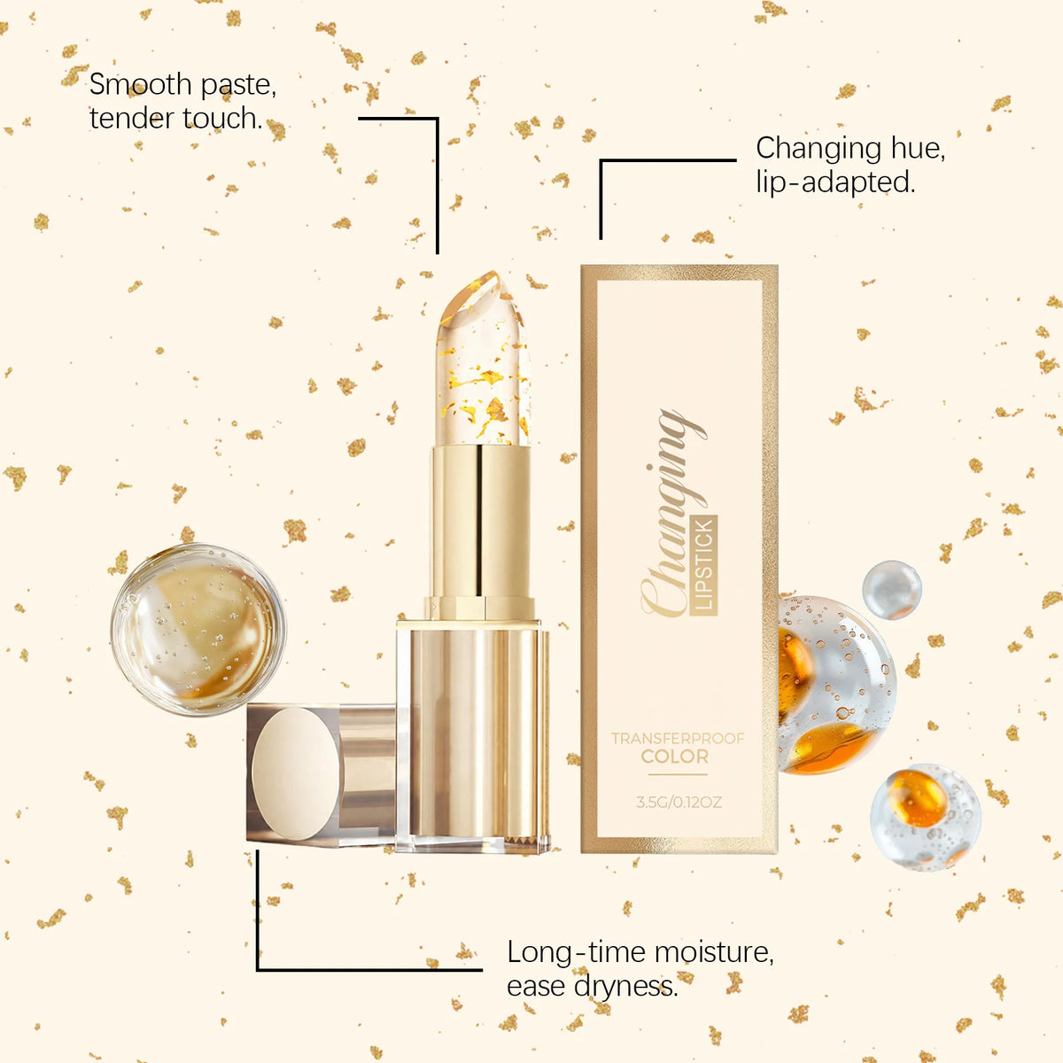 Gold Foil Color Changing Lipstick Hydrating PH Adjusting Lip Tone Long Lasting Moisturize Crystal Transparent Lip Balm Lip Gloss