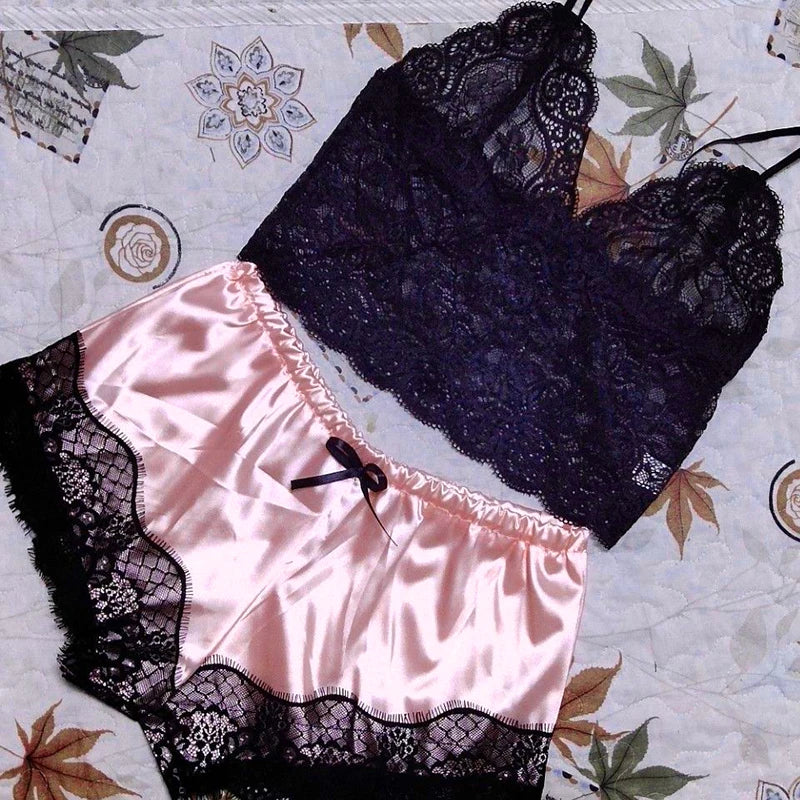 Women's Lace Pajama Set – Crop Top & Shorts