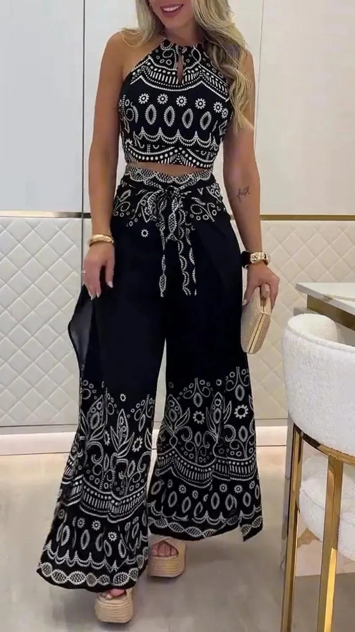 Summer Vintage Halter Top Wide Leg Pants Set Women's Bohemian 2-Piece