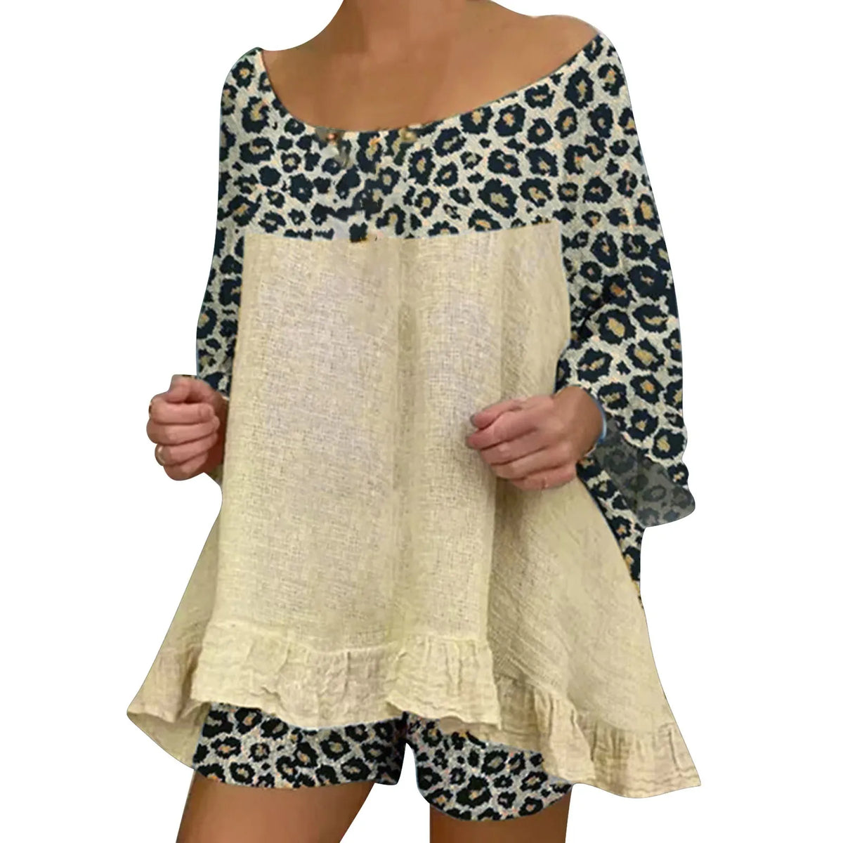 Summer Vintage Leopard Patchwork Outfits Set Cotton Linen Shirt Tops And Loose Shorts Suit Casual 3/4 Sleeve Women Two Piece Set