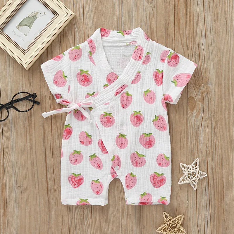 0-18M Summer Baby Girl Boys Clothing Rompers Jumpsuit Short-sleeved Floral Print Cute Soft Newborn Infant Baby Kimono Playwear