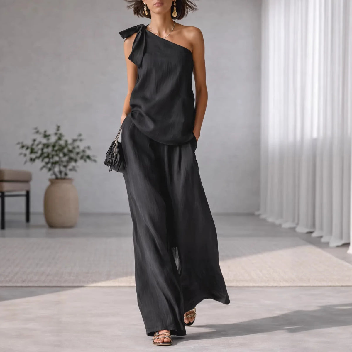 Summer Sexy Off Shoulder Tank Tops And Wide Leg Pants Two Piece Sets Casual Loose Solid High Waist Pants Sets Lace Tops Outfits