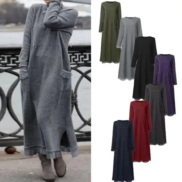 Women's Maxi Dress Autumn Winter Fashion New Style Elegant Loose Long Sleeve Hoodie Retro Casual Thick Warm Dresses For Women