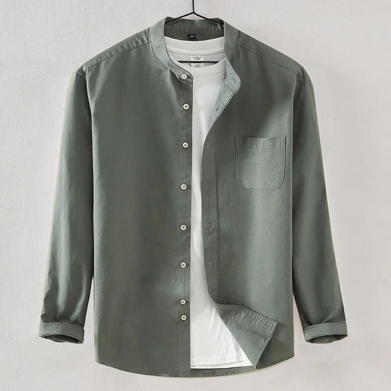 2027 Cotton Stand-up Neck Oxford Spinning Anti-wrinkle Casual Spring Autumn New Men's Shirt Jackets Long Sleeve Shirt Men's
