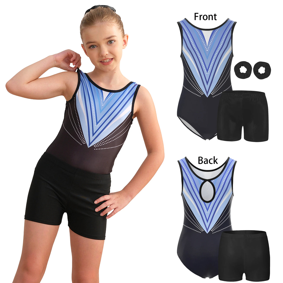 4 Piece Gymnastics Leotards for Girls Sleeveless Athletic Biketard Kids Water-drop Back Unitard Tumbling Activewear Outfits
