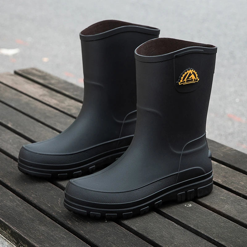 Men's Winter Fleece Lined Mid-Calf Rain Boots Anti-Slip Waterproof Work Rubber Boots Car Wash Fishing Outdoor Wear Water Shoes