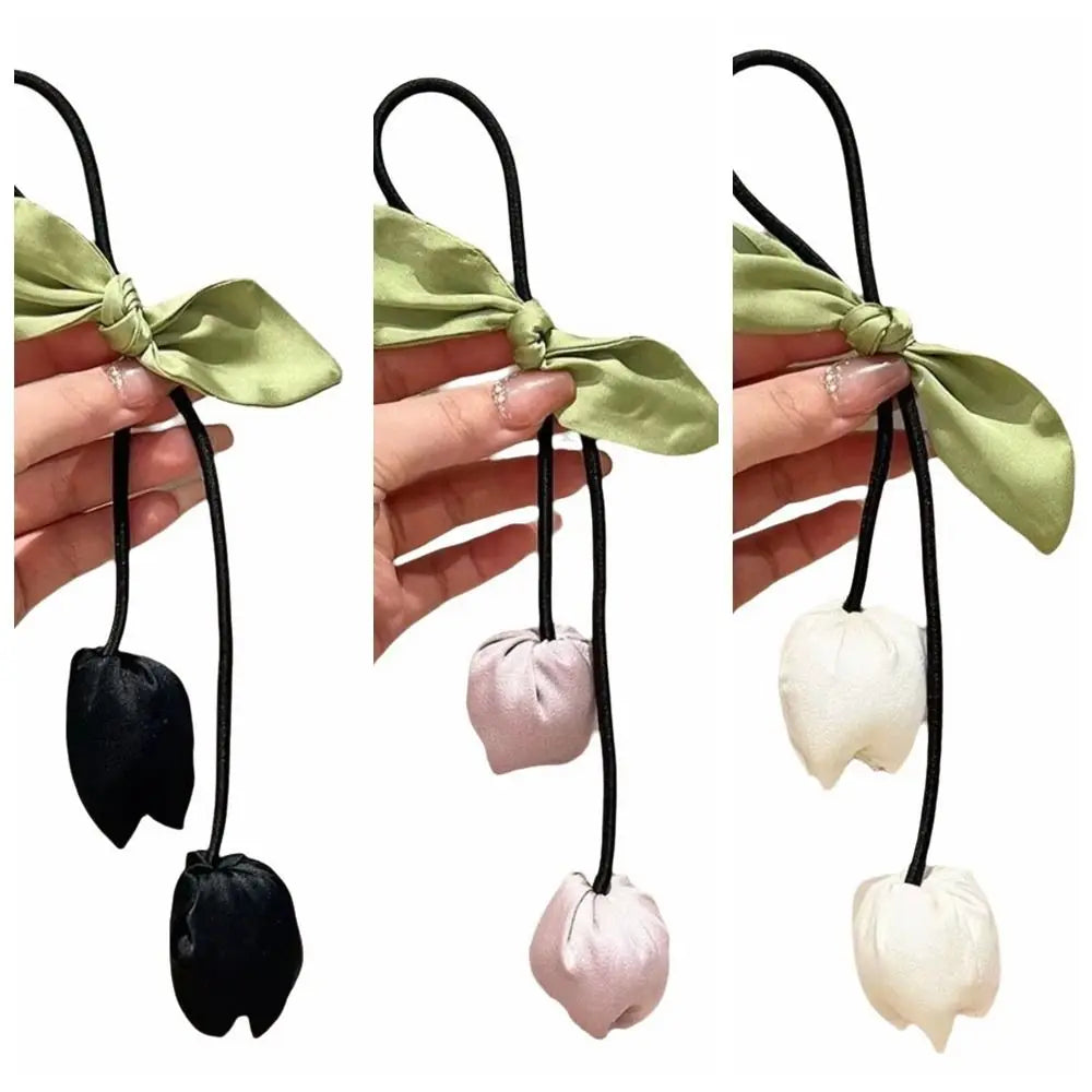 Sweet Tassels Tulip Hair Rope Cloth Bowknot Flower Hair Ring Hair Accessories Headdress Elastic Hair Band Women