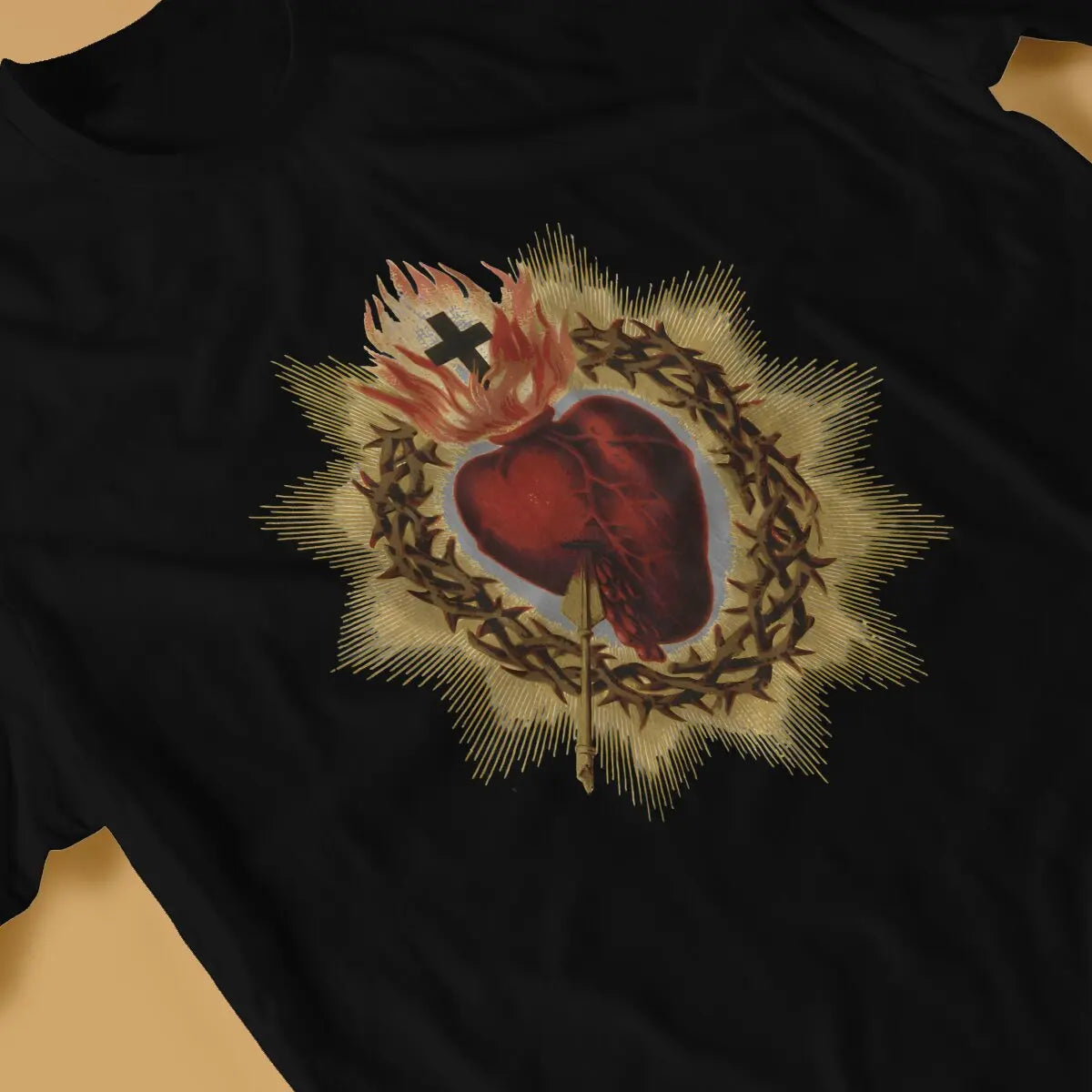 Sacred Heart Catholic T Shirt Men Cotton Vintage T-Shirt Crewneck Jesus God Cross Tee Shirt Short Sleeve Clothing Gift Idea