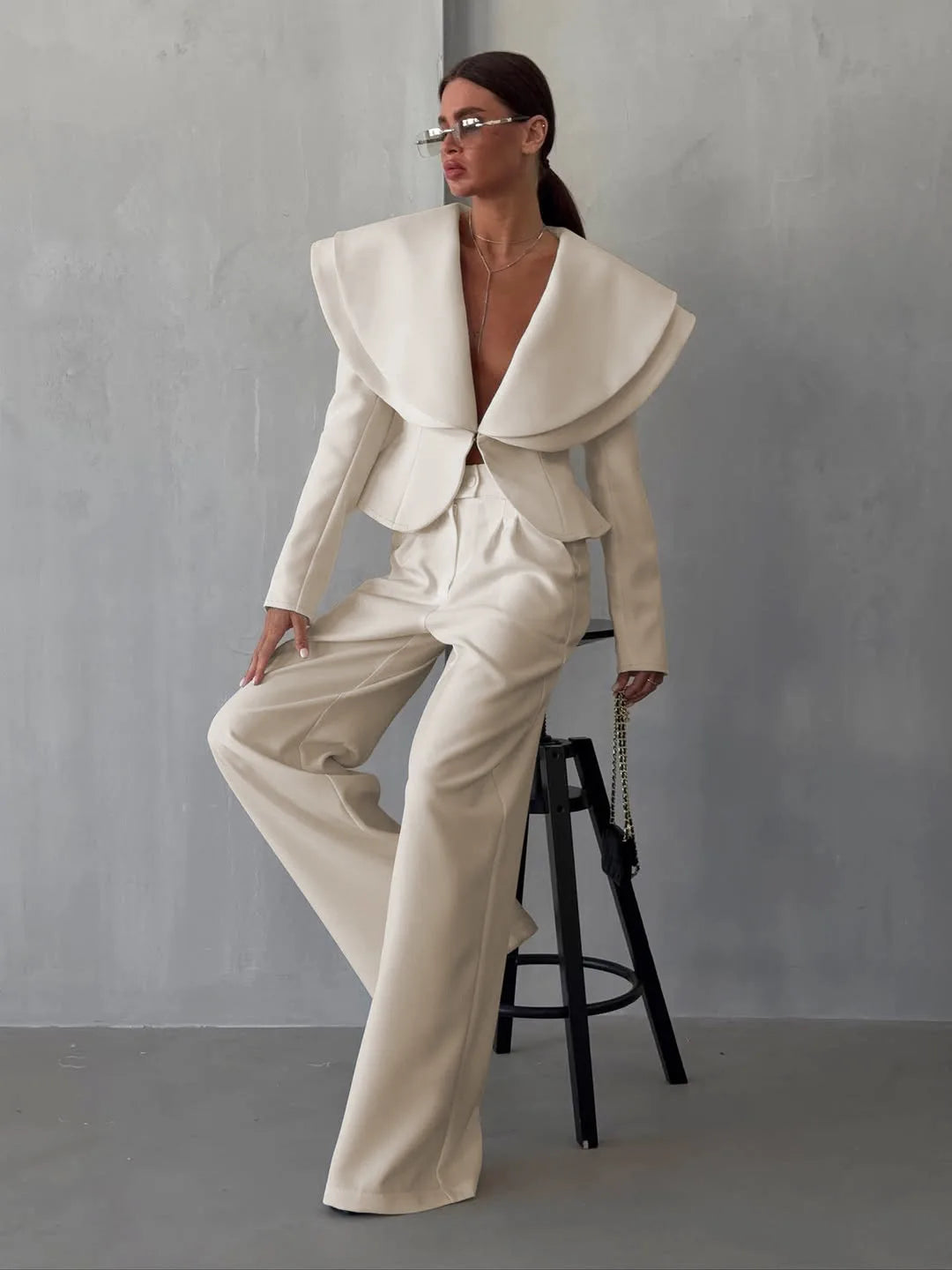 Chic Big Lapel Coat Pants Women Set Elegant Full Sleeve Single Breasted V-neck Straight Loose Trousers Solid Autumn Fashion Set