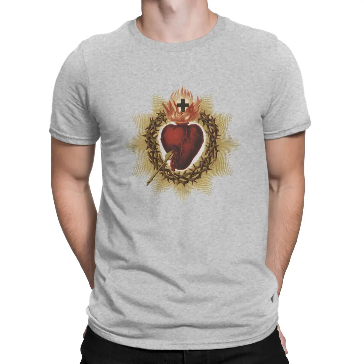 Sacred Heart Catholic T Shirt Men Cotton Vintage T-Shirt Crewneck Jesus God Cross Tee Shirt Short Sleeve Clothing Gift Idea
