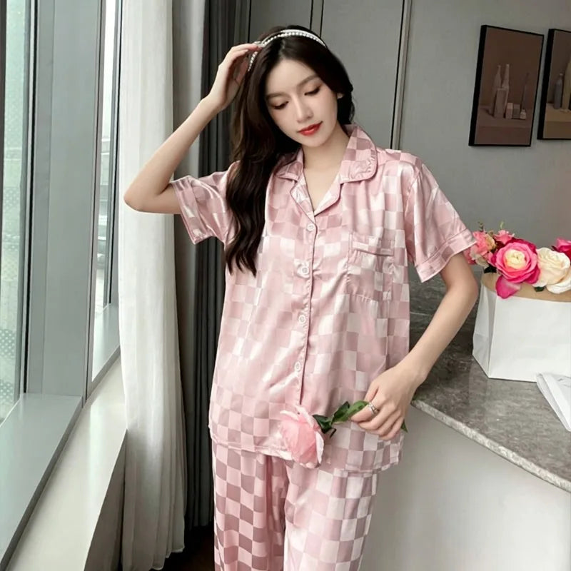 Summer Women Pajama Set Lapel Collar Checkered Jacquard Soft 2Pcs Short Sleeve Long Pants Home Sleepwear Loungewear For Ladies