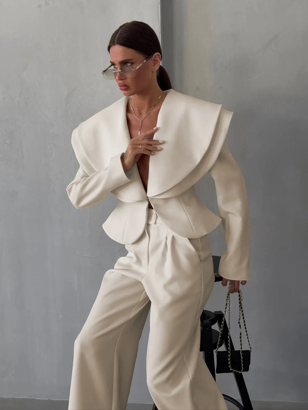 Chic Big Lapel Coat Pants Women Set Elegant Full Sleeve Single Breasted V-neck Straight Loose Trousers Solid Autumn Fashion Set