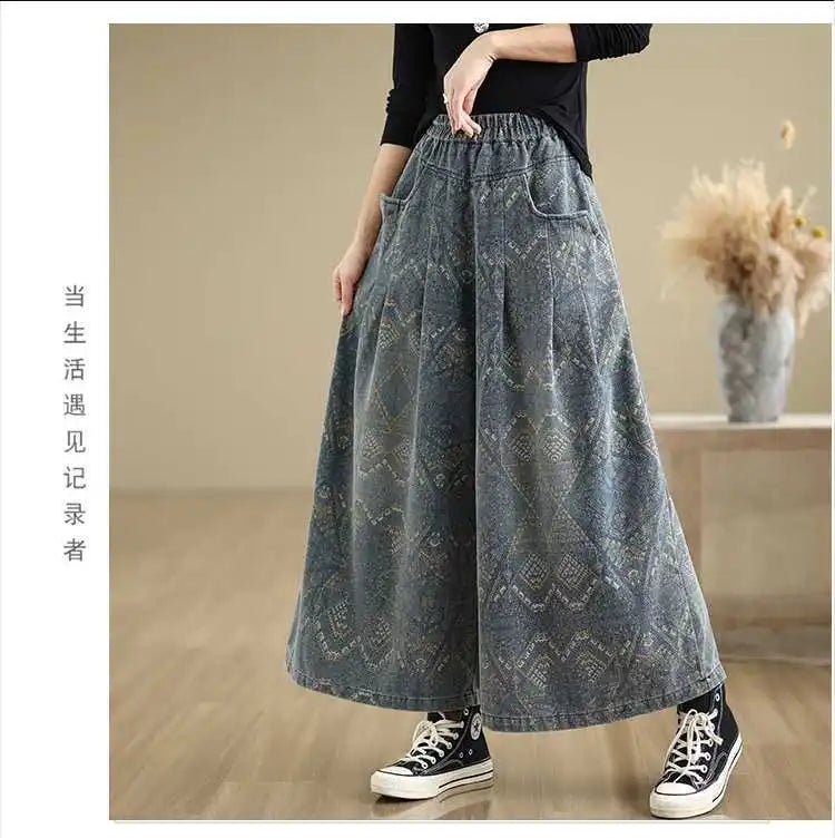 2026 Women's High Waist Wide Leg Jeans Loose Casual Straight Fit Trousers Elastic Waist Spring Autumn Vintage Print Denim Pants