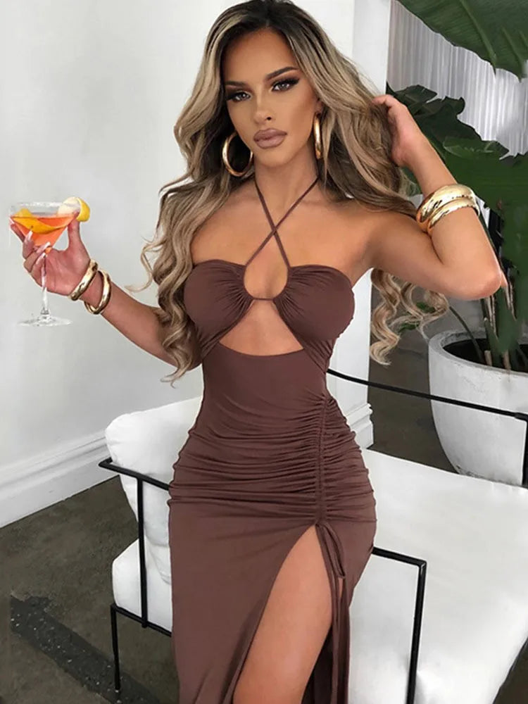 Summer Woman Dress Halter Neck Sleeveless High Waist Slit Maxi Dress Ruched Side Backless Elegant Party Evening Black for