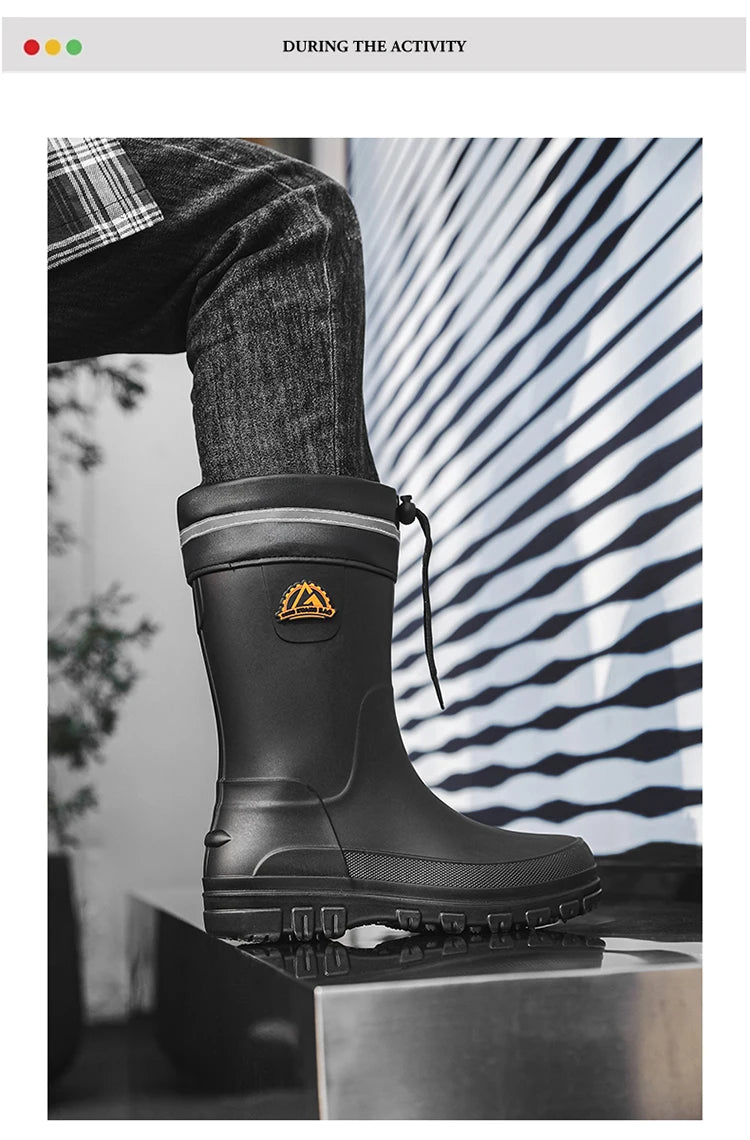 Men's Winter Fleece Lined Mid-Calf Rain Boots Anti-Slip Waterproof Work Rubber Boots Car Wash Fishing Outdoor Wear Water Shoes