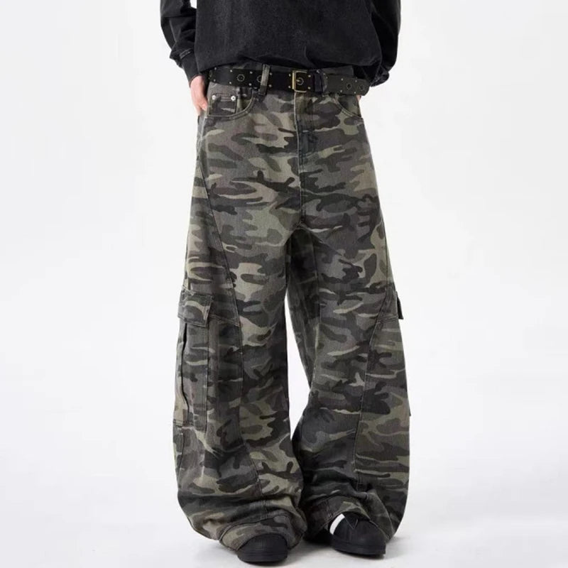 PFNW Camouflage Men Wide-Leg Cargo Pants 2025 Autumn New Trendy Contrast Color High Street Male Trousers