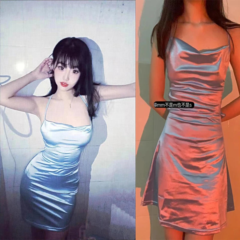 Summer Spaghetti Strap Mini Satin Dress Women Sexy Backless Bodycon Party Dress Short Club Dress