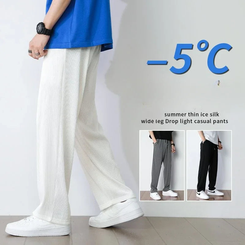 Summer White Casual Pants Men's Ice Silk Pants Men's Drape Floor Mop Pants Korean Straight Loose Wide Leg Long Pants