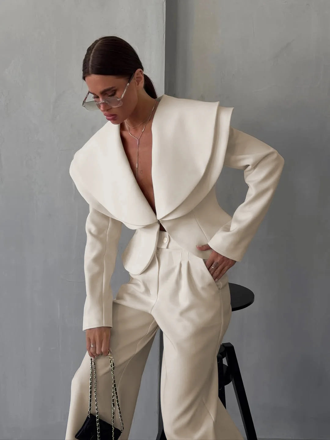 Chic Big Lapel Coat Pants Women Set Elegant Full Sleeve Single Breasted V-neck Straight Loose Trousers Solid Autumn Fashion Set